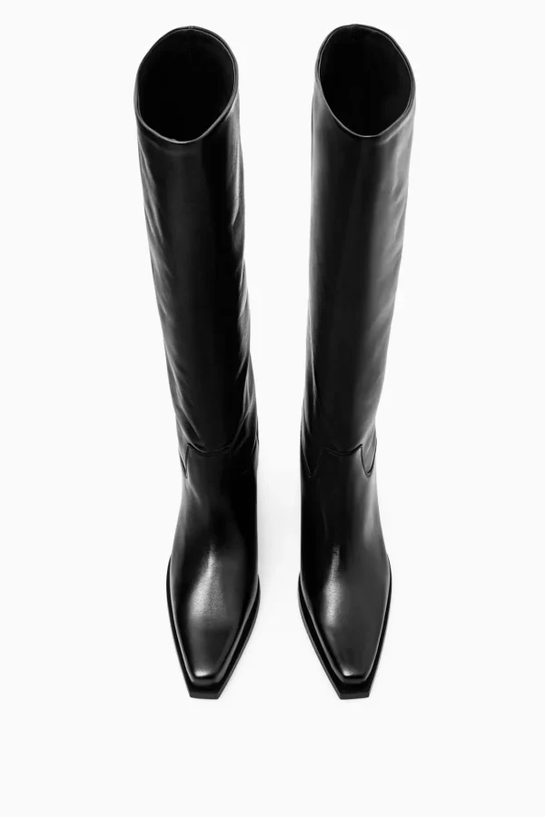 COS KNEE-HIGH LEATHER COWBOY BOOTS BLACK Clearance