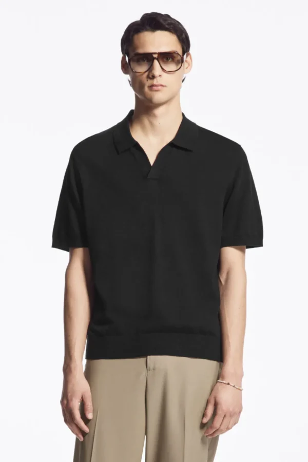 COS KNITTED LINEN POLO SHIRT BLACK Best Sale