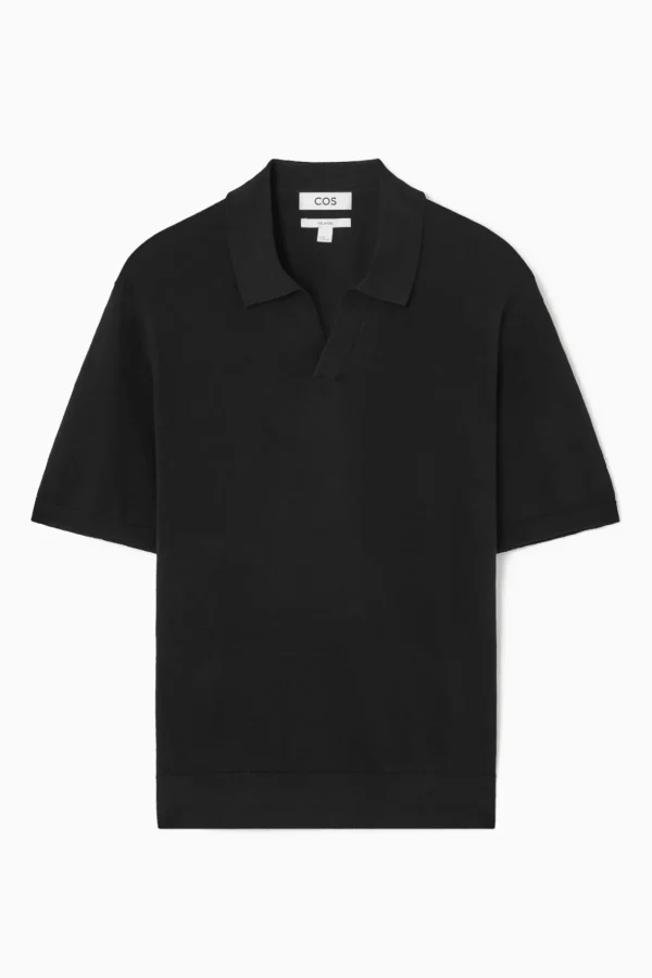 COS KNITTED LINEN POLO SHIRT BLACK Best Sale