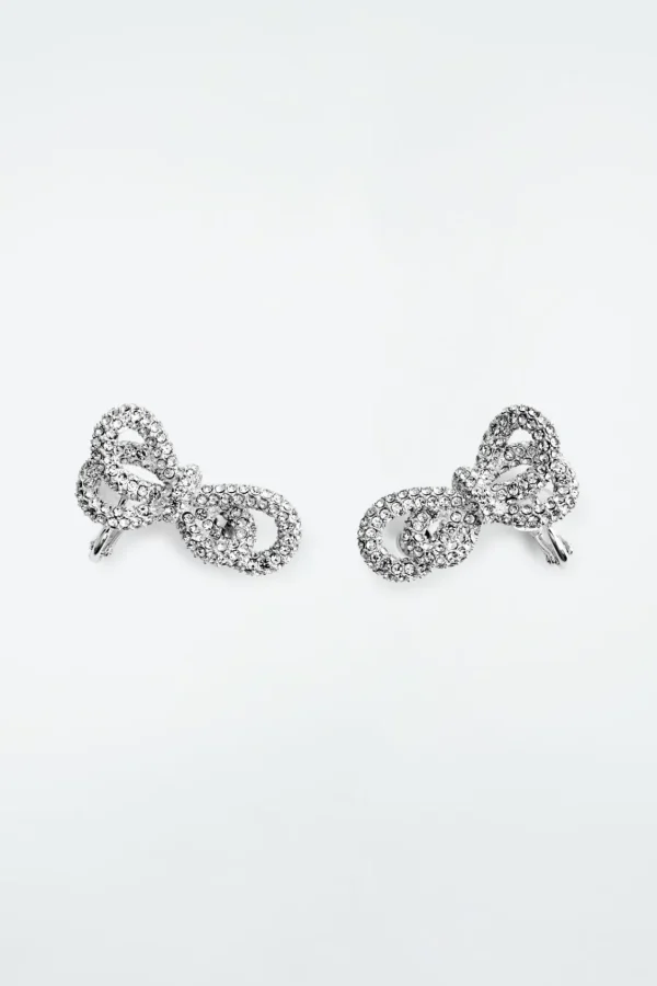 COS KNOTTED BOW CRYSTAL CLIMBER EARRINGS SILVER Flash Sale