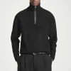 COS LEATHER-DETAIL MERINO WOOL HALF-ZIP SWEATER BLACK Sale