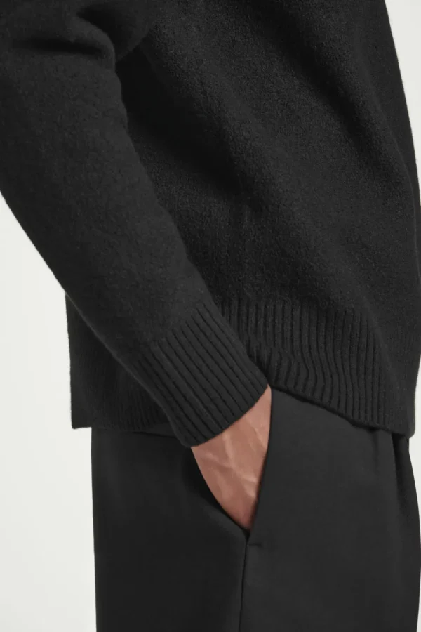 COS LEATHER-DETAIL MERINO WOOL HALF-ZIP SWEATER BLACK Sale