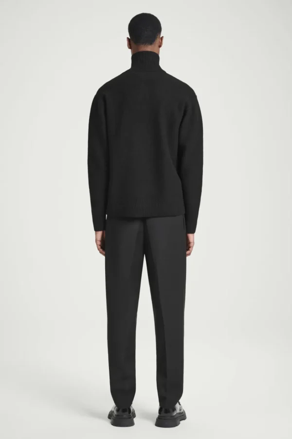 COS LEATHER-DETAIL MERINO WOOL HALF-ZIP SWEATER BLACK Sale