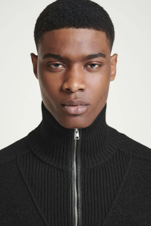 COS LEATHER-DETAIL MERINO WOOL HALF-ZIP SWEATER BLACK Sale