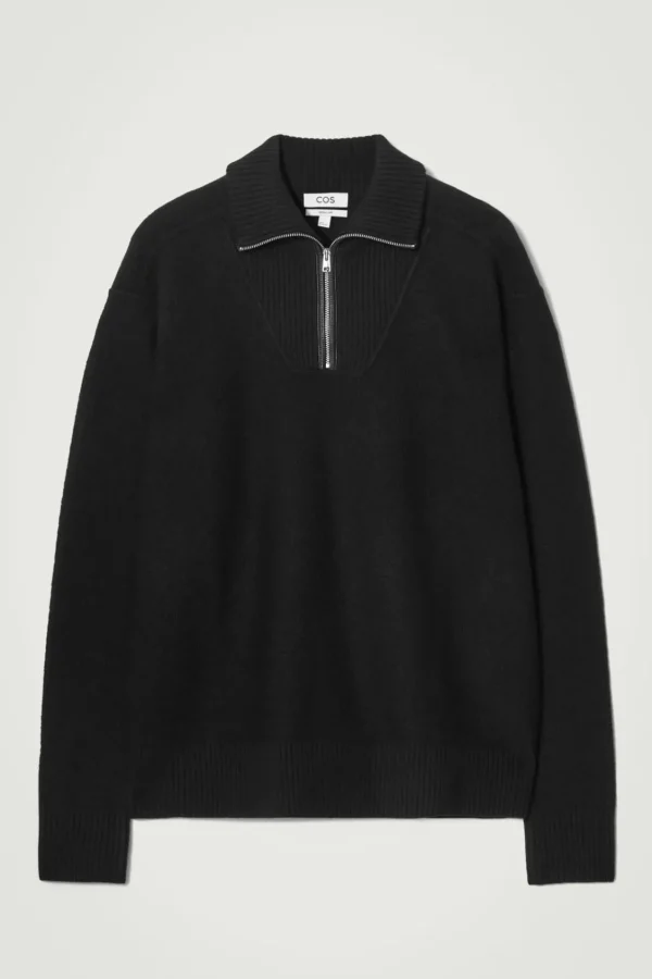 COS LEATHER-DETAIL MERINO WOOL HALF-ZIP SWEATER BLACK Sale