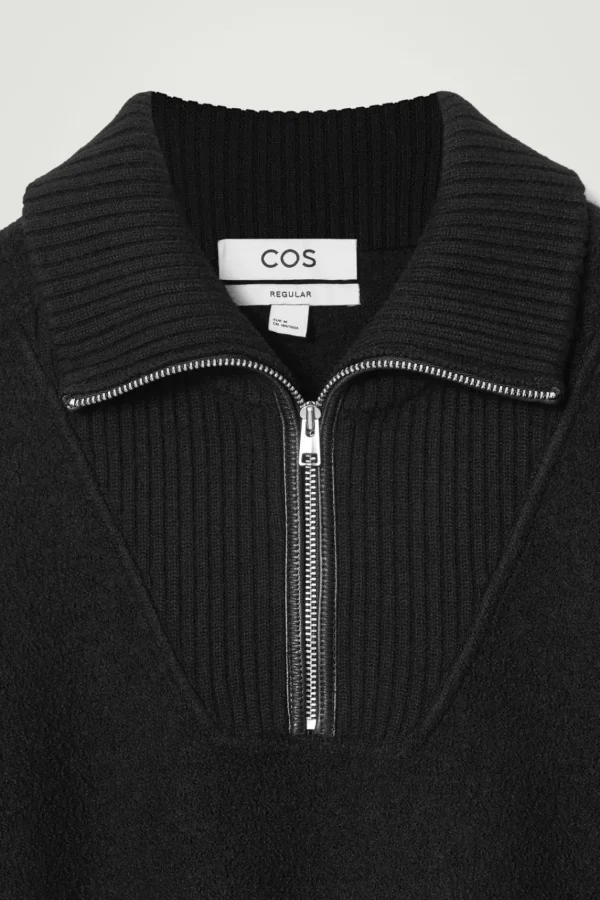 COS LEATHER-DETAIL MERINO WOOL HALF-ZIP SWEATER BLACK Sale