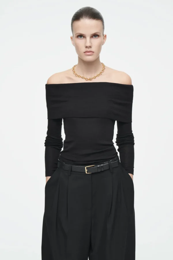 COS OFF-THE-SHOULDER MERINO WOOL TOP BLACK New