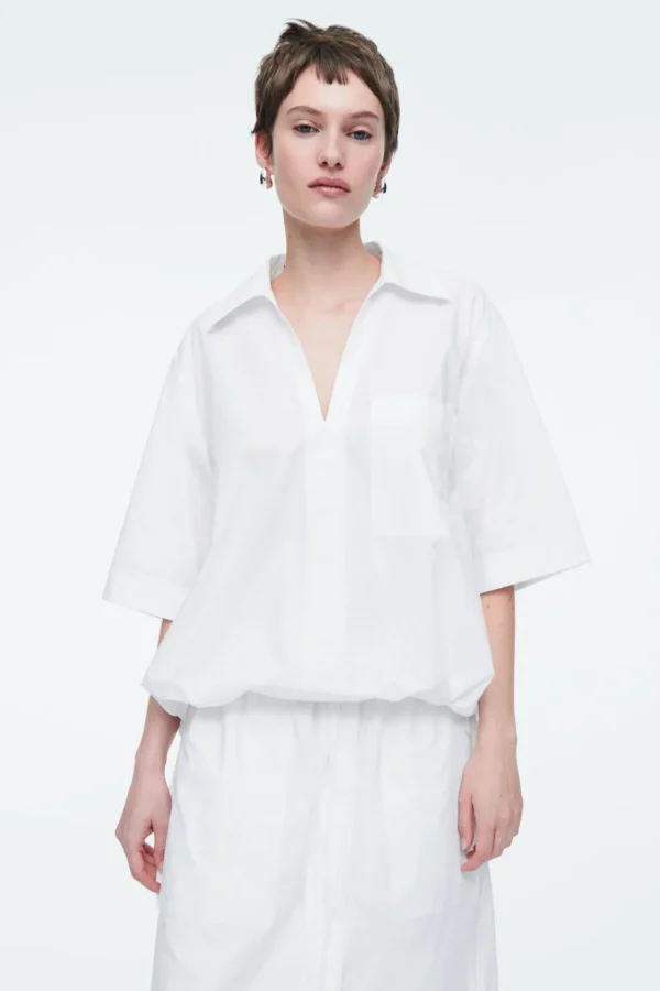 COS OPEN-COLLAR DRAWSTRING BLOUSE WHITE Shop