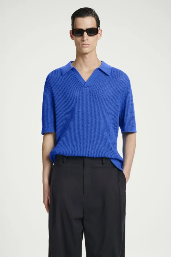 COS OPEN-KNIT POLO SHIRT BRIGHT BLUE Discount