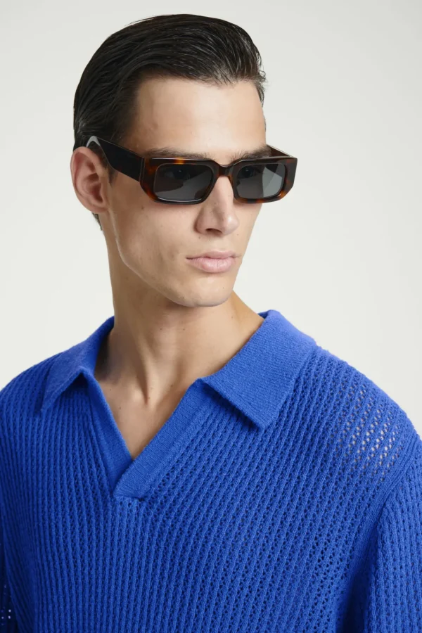 COS OPEN-KNIT POLO SHIRT BRIGHT BLUE Discount