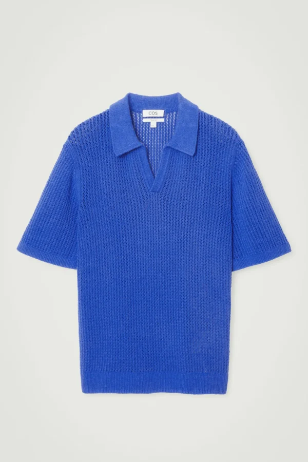 COS OPEN-KNIT POLO SHIRT BRIGHT BLUE Discount