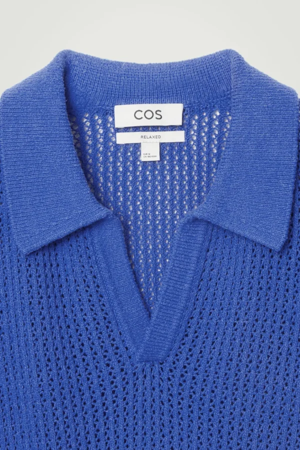 COS OPEN-KNIT POLO SHIRT BRIGHT BLUE Discount