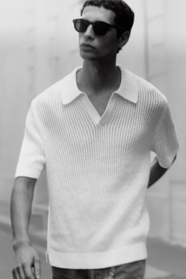 COS OPEN-KNIT POLO SHIRT OFF-WHITE Fashion