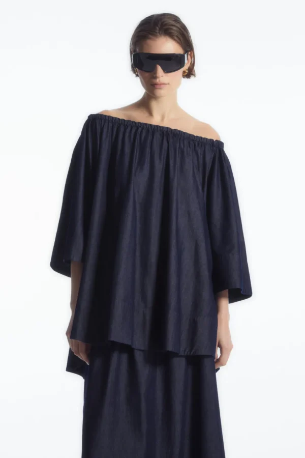 COS OVERSIZED DENIM OFF-THE-SHOULDER BLOUSE INDIGO BLUE Fashion