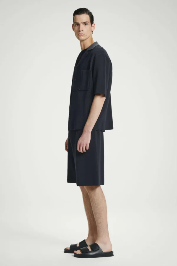 COS OVERSIZED DOUBLE-FACED KNITTED SHIRT NAVY / GRAY Hot