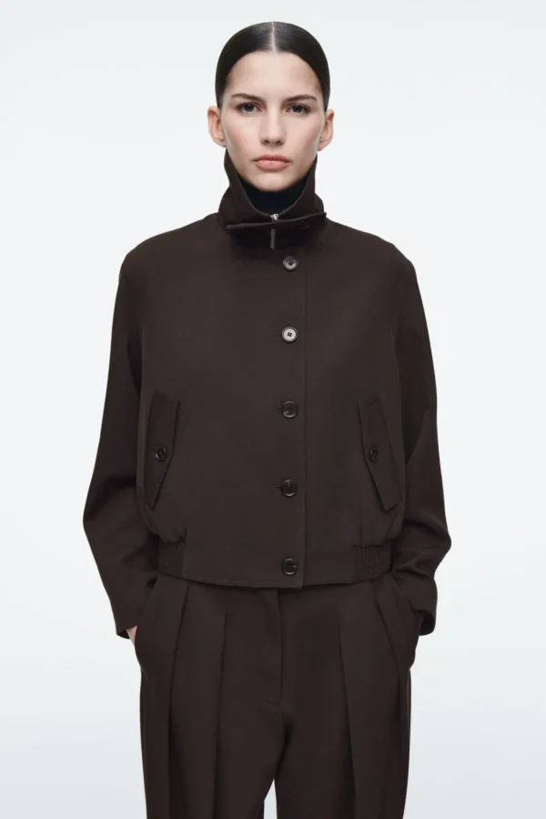 COS OVERSIZED FUNNEL-NECK WOOL-BLEND JACKET DARK BROWN Hot