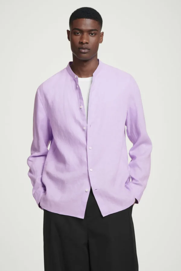 COS OVERSIZED GRANDAD-COLLAR LINEN SHIRT LILAC Flash Sale