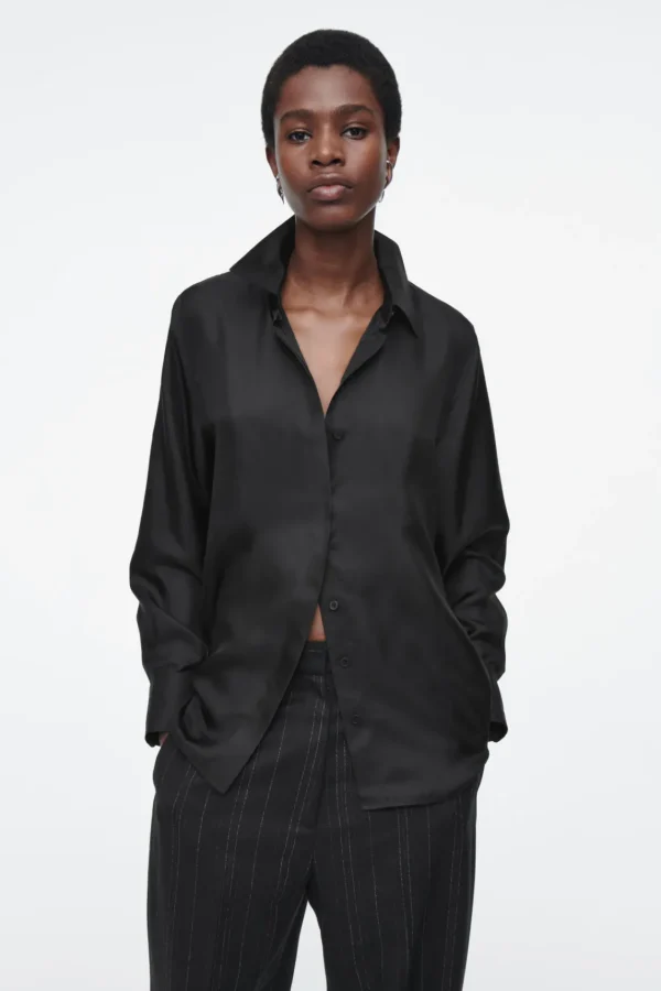 COS OVERSIZED PURE SILK SHIRT BLACK Discount