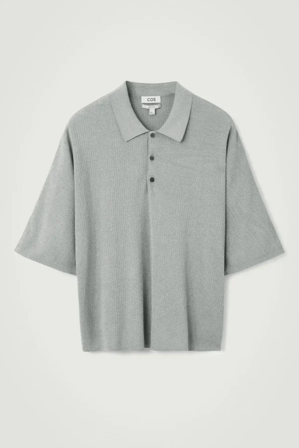 COS OVERSIZED RIBBED-KNIT POLO SHIRT LIGHT GRAY Clearance