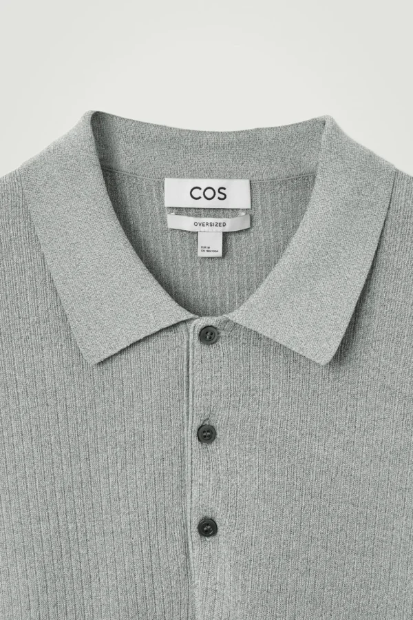 COS OVERSIZED RIBBED-KNIT POLO SHIRT LIGHT GRAY Clearance