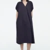 COS OVERSIZED RUCHED-SLEEVE V-NECK DRESS NAVY Best