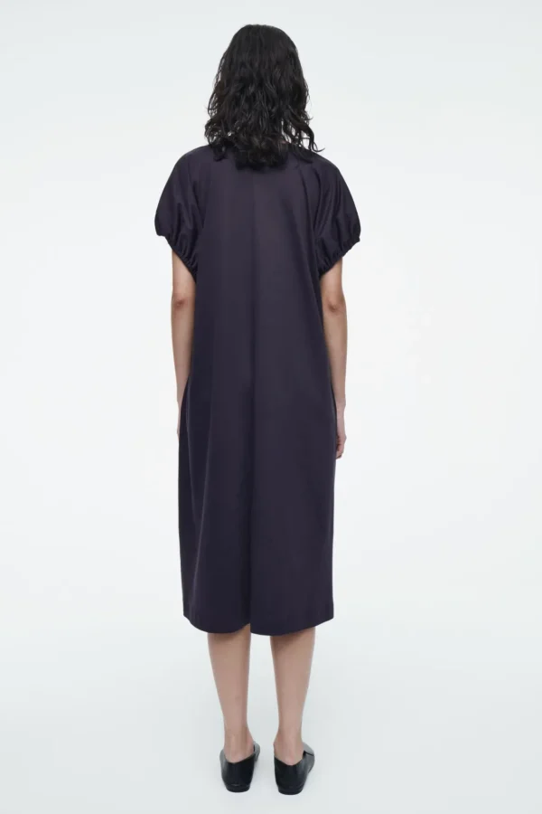 COS OVERSIZED RUCHED-SLEEVE V-NECK DRESS NAVY Best