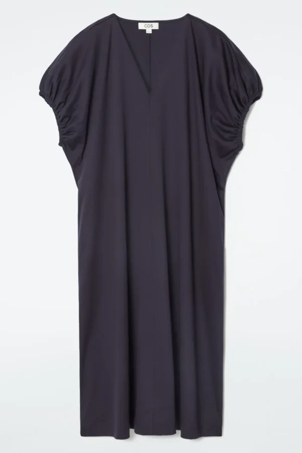 COS OVERSIZED RUCHED-SLEEVE V-NECK DRESS NAVY Best