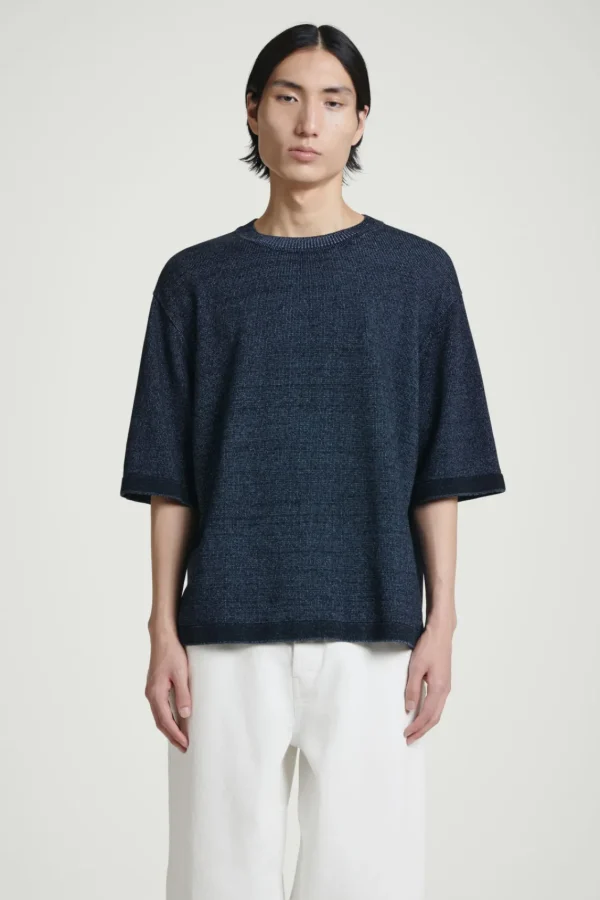 COS OVERSIZED TWO-TONE KNITTED COTTON T-SHIRT BLUE Shop