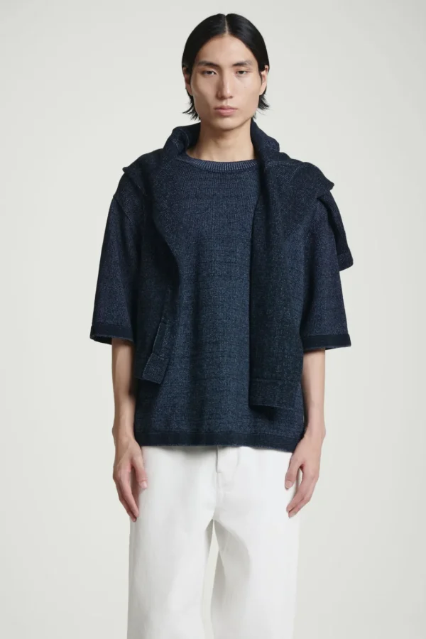 COS OVERSIZED TWO-TONE KNITTED COTTON T-SHIRT BLUE Shop