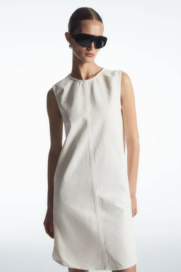 COS PANELED DENIM SHIFT DRESS WHITE Discount