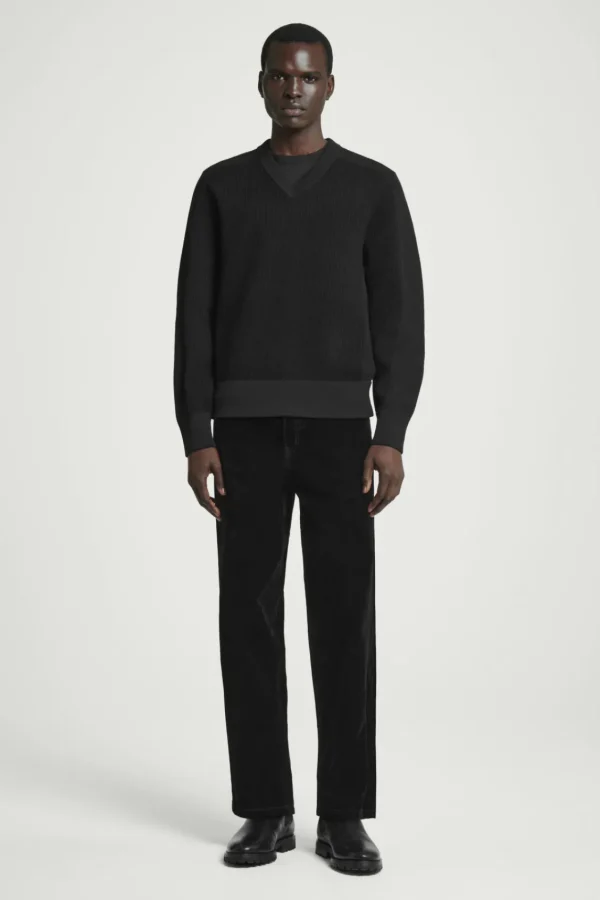 COS PANELLED WOOL V-NECK JUMPER BLACK Sale