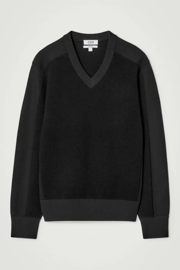 COS PANELLED WOOL V-NECK JUMPER BLACK Sale