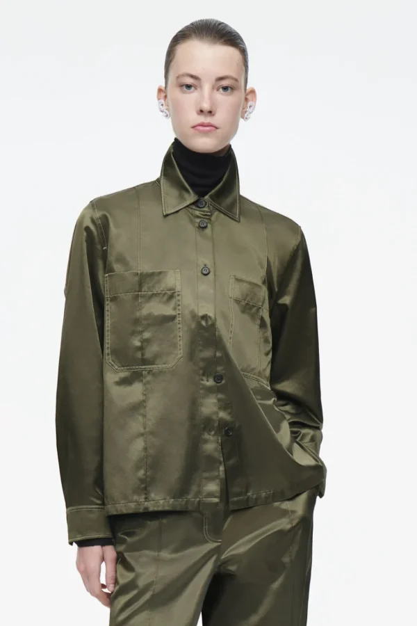 COS PINTUCKED SATIN UTILITY SHIRT KHAKI Sale