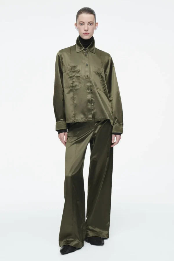 COS PINTUCKED SATIN UTILITY SHIRT KHAKI Sale