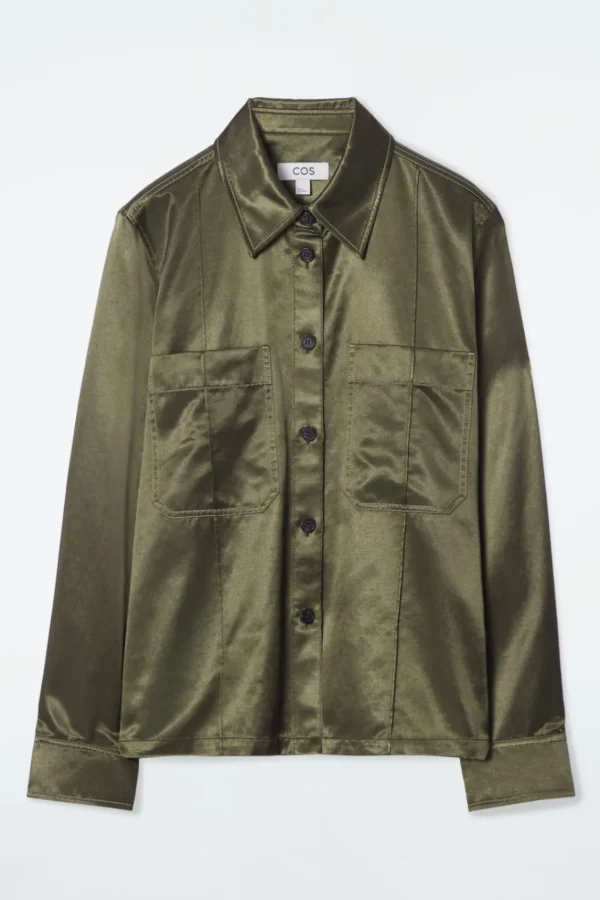 COS PINTUCKED SATIN UTILITY SHIRT KHAKI Sale