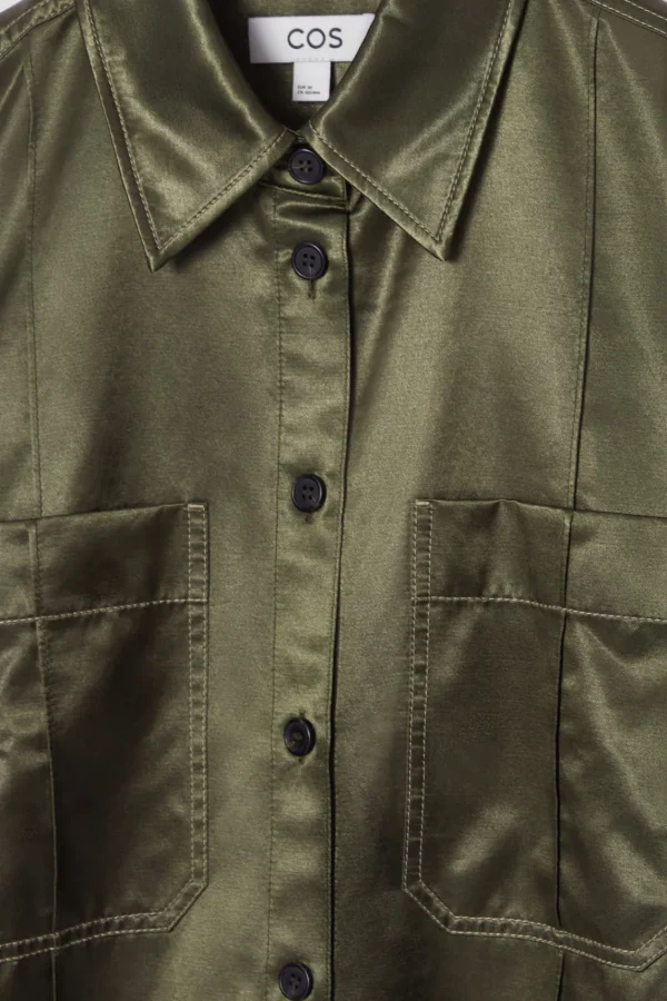 COS PINTUCKED SATIN UTILITY SHIRT KHAKI Sale