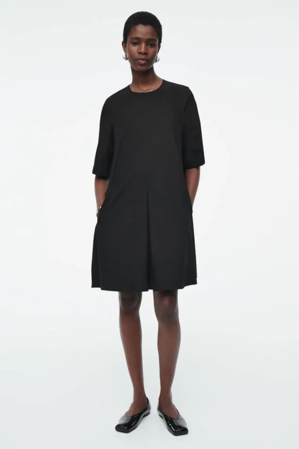 COS PLEATED COTTON MINI DRESS BLACK Flash Sale