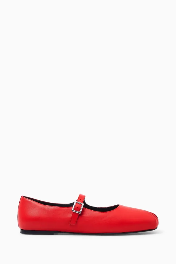 COS PLEATED LEATHER MARY-JANE BALLET FLATS RED Outlet