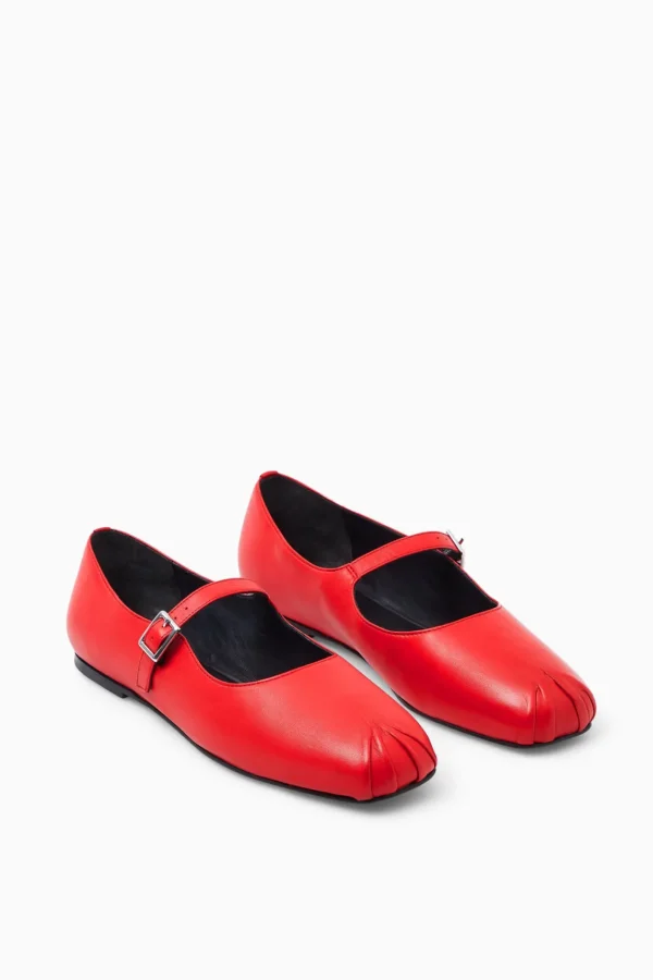 COS PLEATED LEATHER MARY-JANE BALLET FLATS RED Outlet