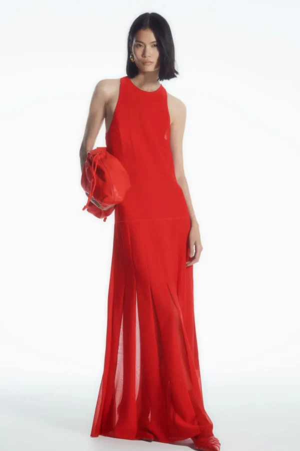 COS PLEATED RACER-NECK MAXI DRESS RED Cheap