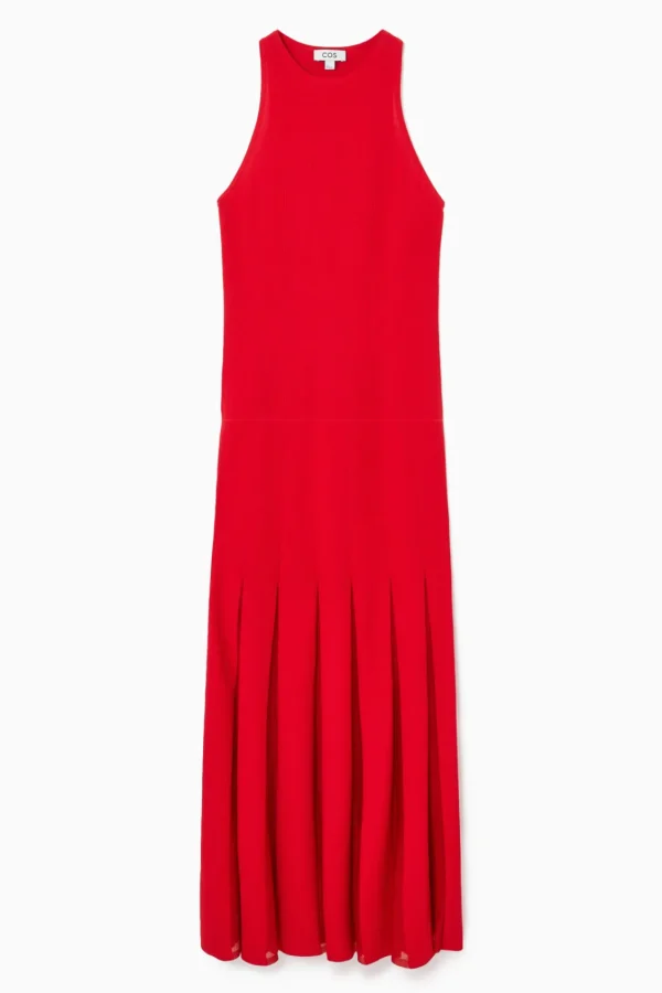 COS PLEATED RACER-NECK MAXI DRESS RED Cheap