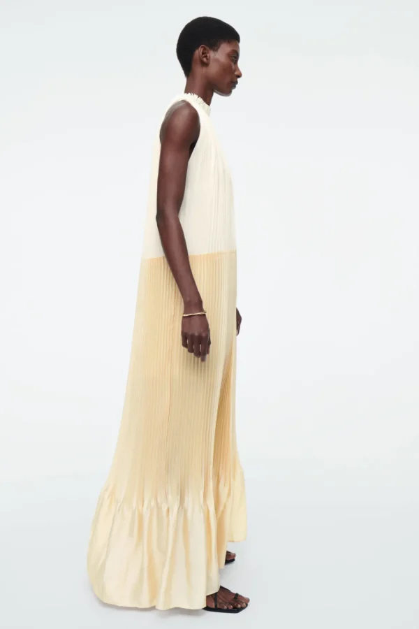 COS PLISSÉ HALTERNECK MAXI DRESS CHAMPAGNE / YELLOW New