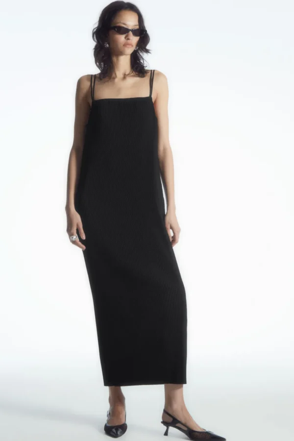 COS PLISSÉ MIDI SLIP DRESS BLACK Discount