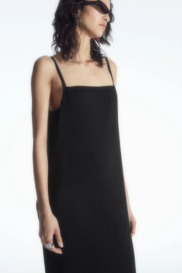 COS PLISSÉ MIDI SLIP DRESS BLACK Discount