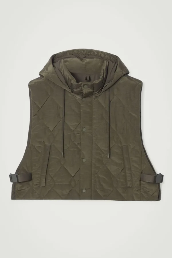 COS QUILTED HOODED HYBRID VEST DARK GREEN New