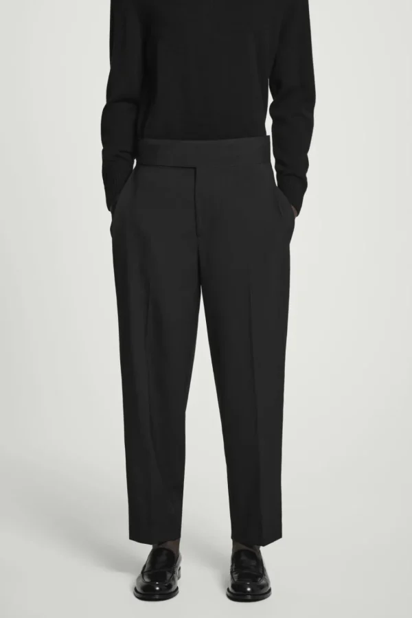 COS RELAXED BELTED WOOL-HOPSACK TAPERED TROUSERS BLACK Cheap