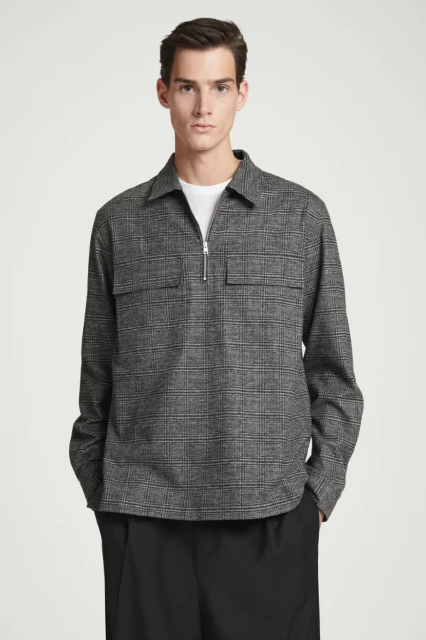 COS RELAXED CHECKED COTTON HALF-ZIP SHIRT BLACK / CHECKED Store