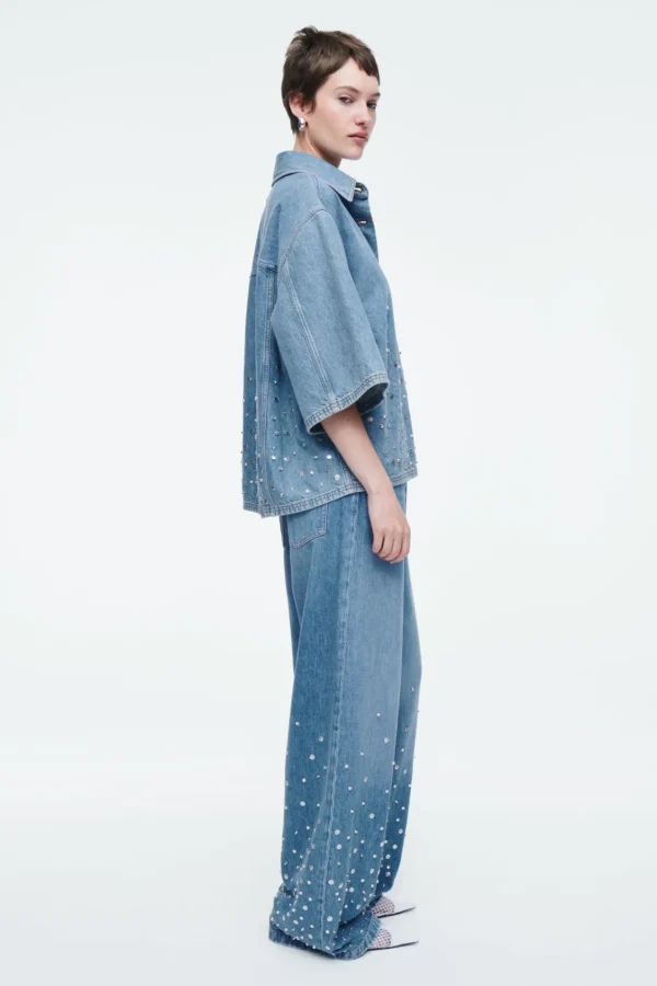 COS RELAXED EMBELLISHED DENIM SHIRT MID BLUE Flash Sale