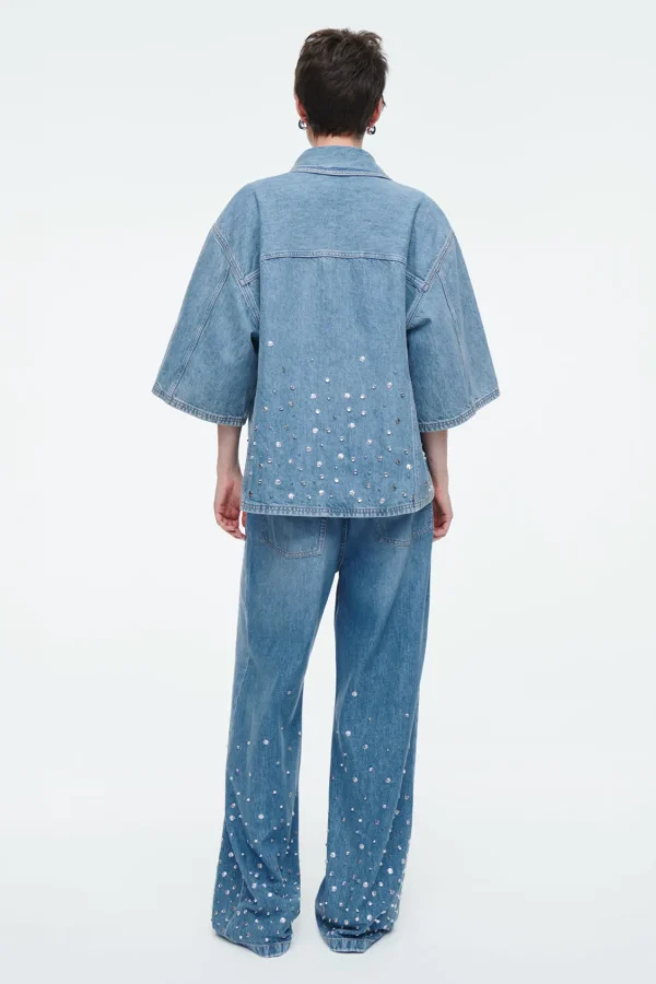 COS RELAXED EMBELLISHED DENIM SHIRT MID BLUE Flash Sale