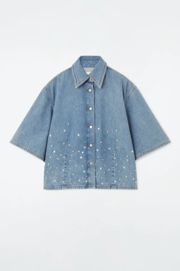 COS RELAXED EMBELLISHED DENIM SHIRT MID BLUE Flash Sale